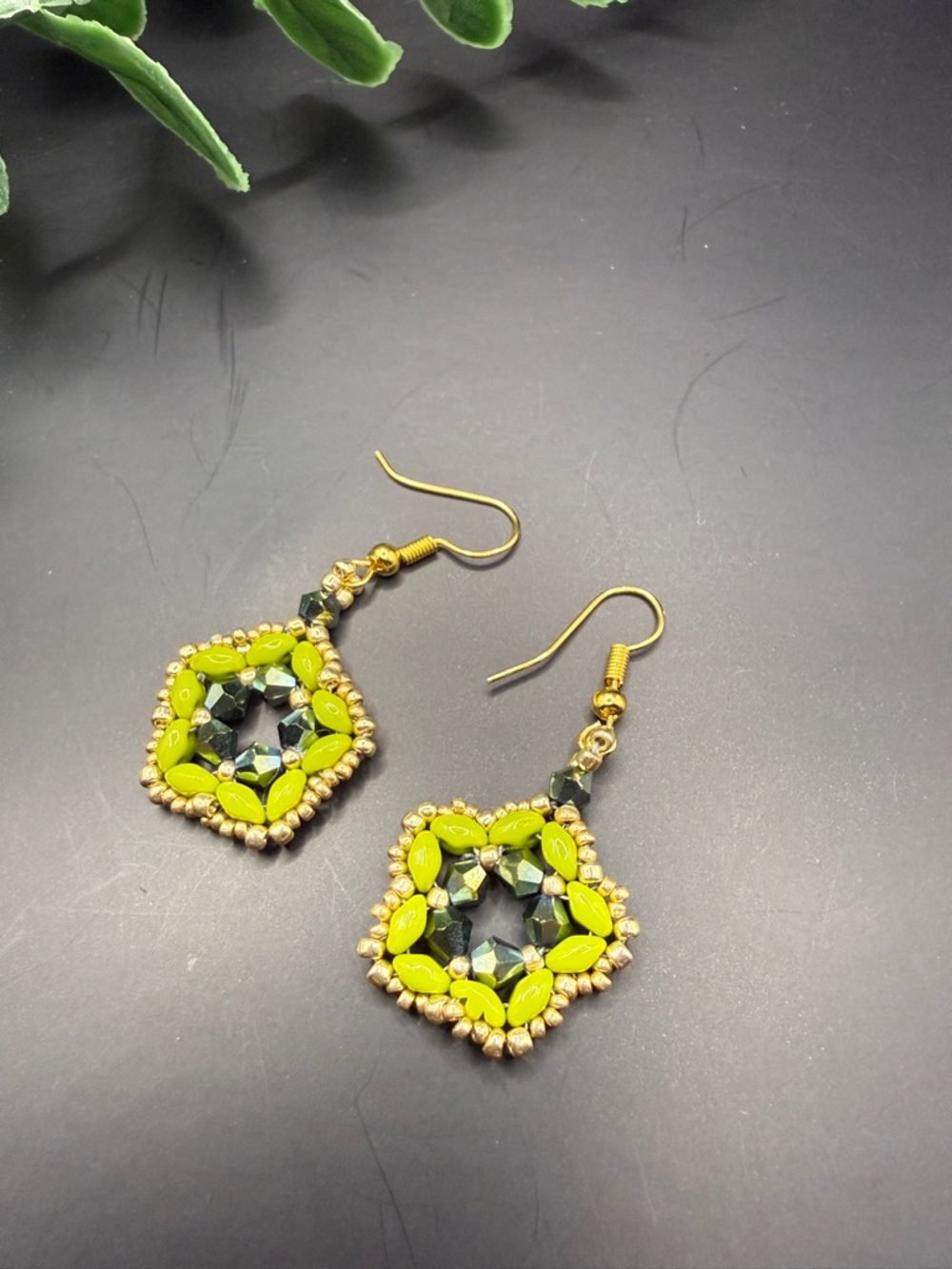 Gold Accent Lime Green Beaded Drop Earrings